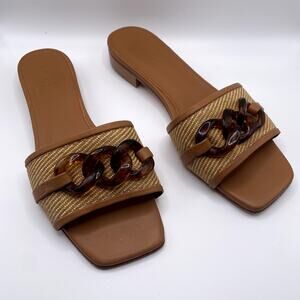 J. McLaughlin Adima Flat Slide Sandals 9  Straw Tortoiseshell Chain